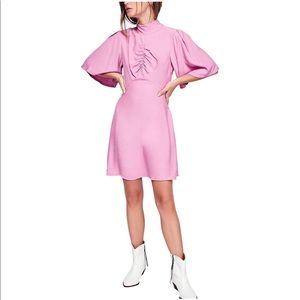 NWT Free People Beautiful Pink Ruched Mock Neck Flutter Sleeve Mini Dress.
